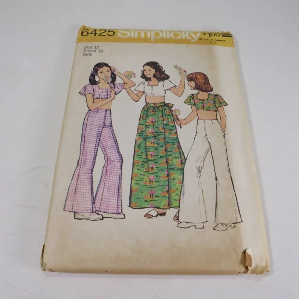 Simplicity 6425 Sewing Pattern UNCUT Bellbottoms, Wrap Skirt, small top 